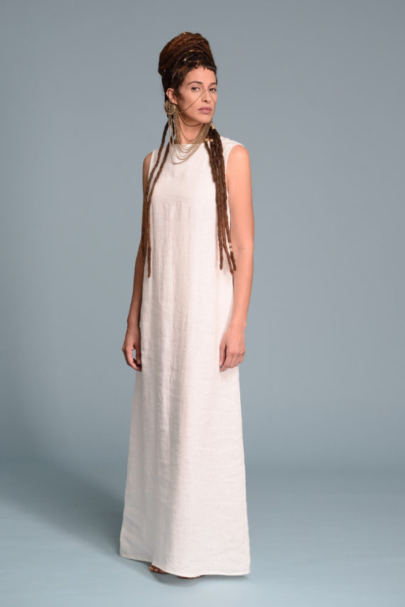 Front view of the Linen Tank Dress RAZ, showcasing the boat neckline and elegant A-line silhouette.