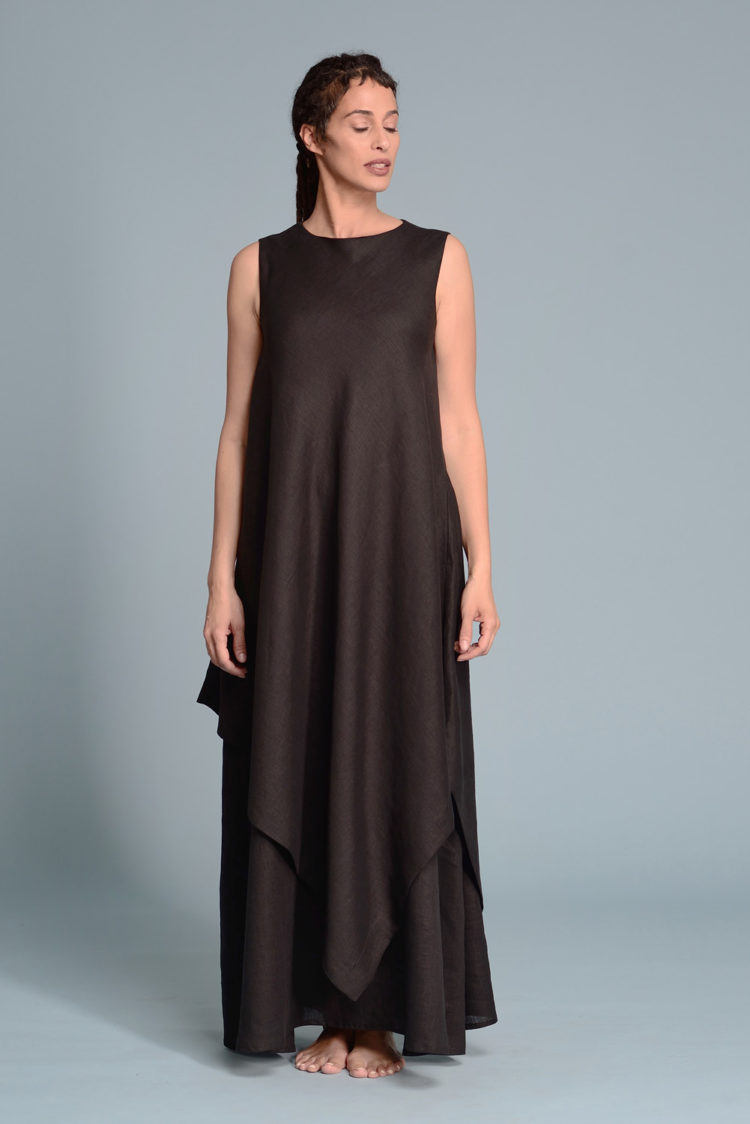 Front view of the Double Layered Linen Dress EFRAT in black, featuring a boat neckline and A-line silhouette
