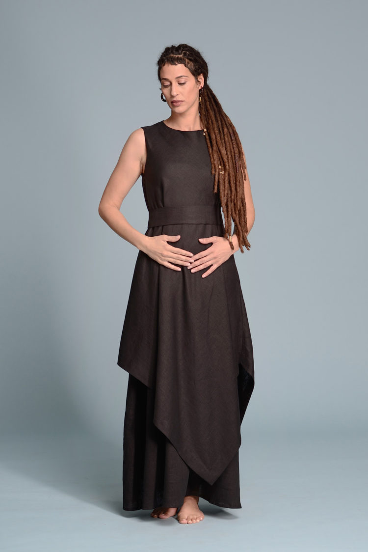 Model wearing the Double Layered Linen Dress EFRAT, styled as an alternative wedding dress with a graceful double-layered design.