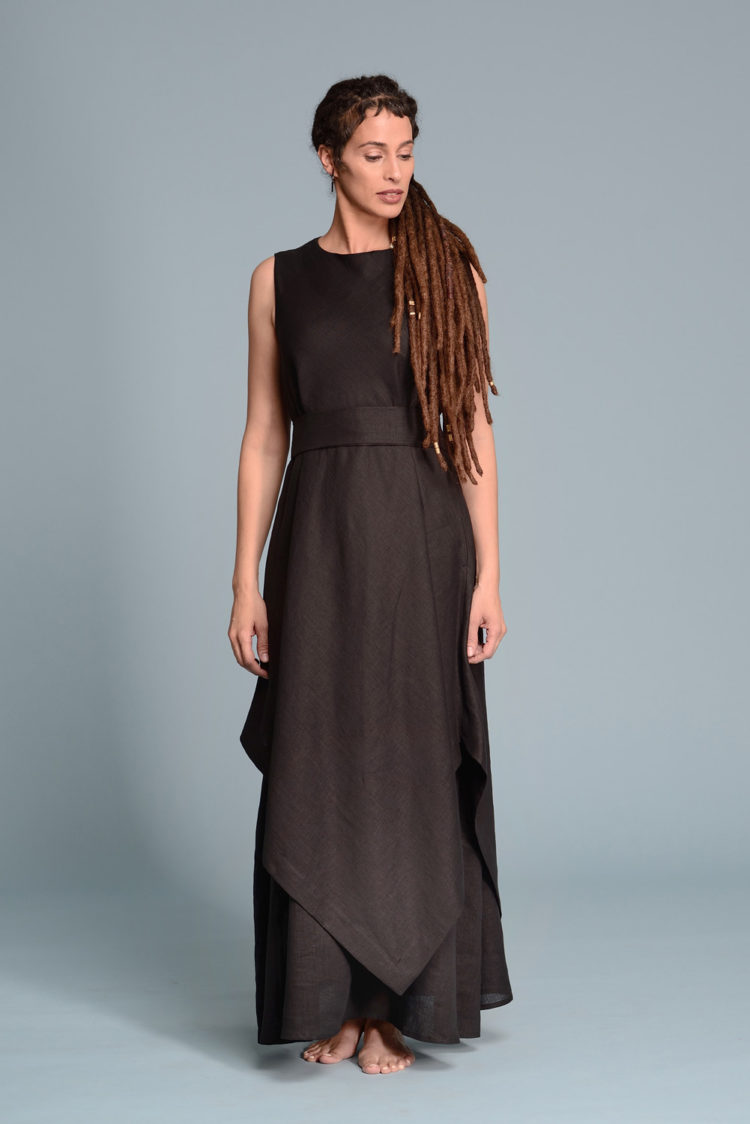Detailed view of the Double Layered Linen Dress EFRAT, showcasing its flowing layers and timeless style as a special occasion dress