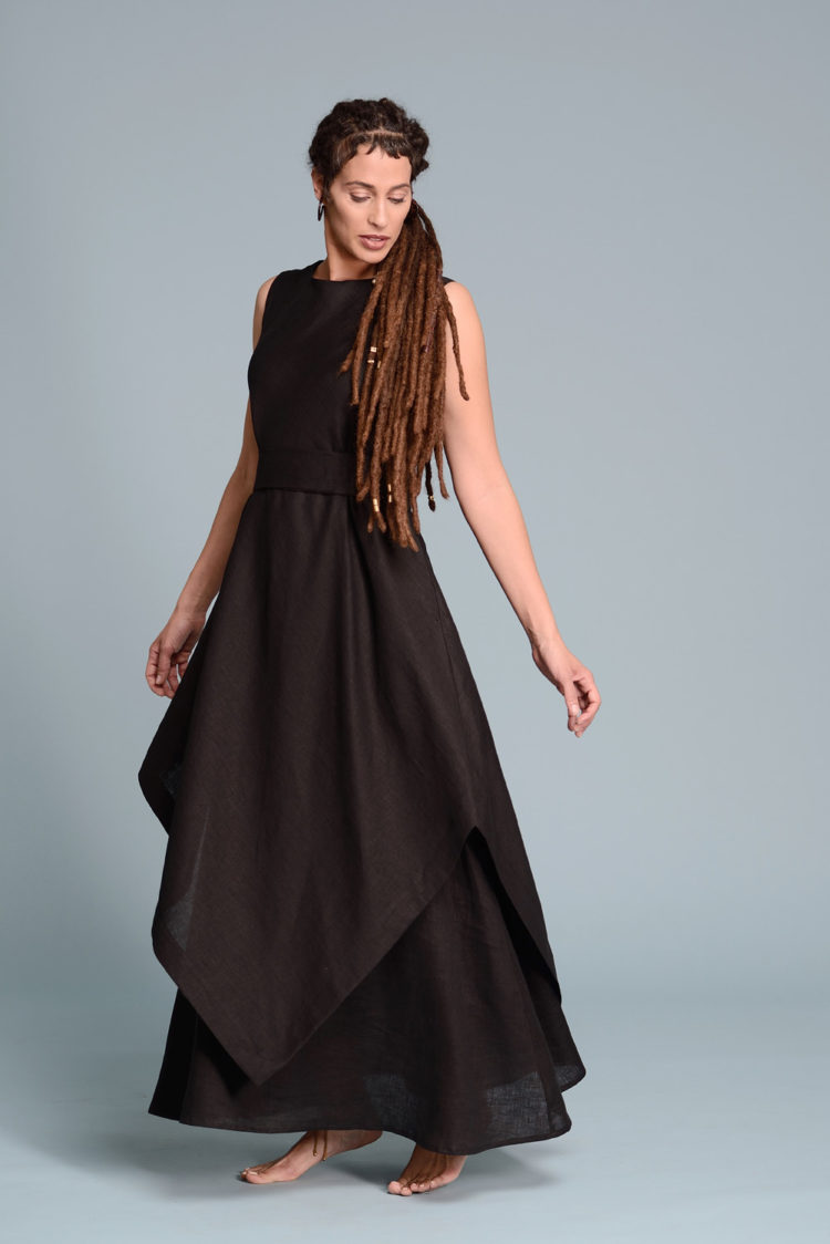 Front view of the Double Layered Linen Dress EFRAT in black, designed as a special occasion dress with an elegant A-line silhouette