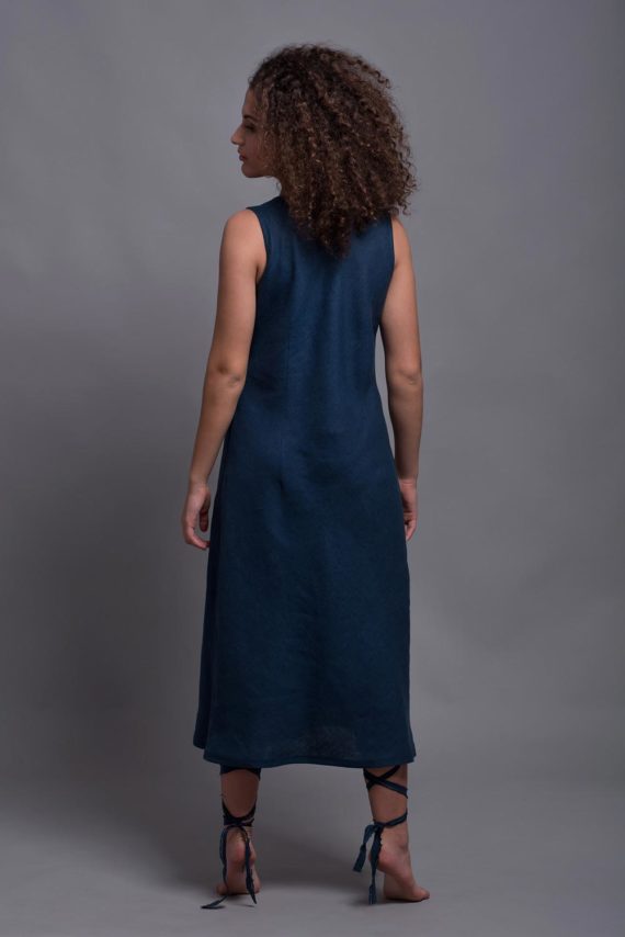 Blue Linen Midi Dress Bias Cut