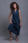 Front view of the Bias Cut Linen Dress ALICE in Midnight Blue, showcasing its slit neckline and A-line silhouette.
