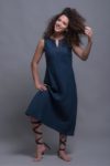 V-neck Blue Linen Midi Dress Bias Cut