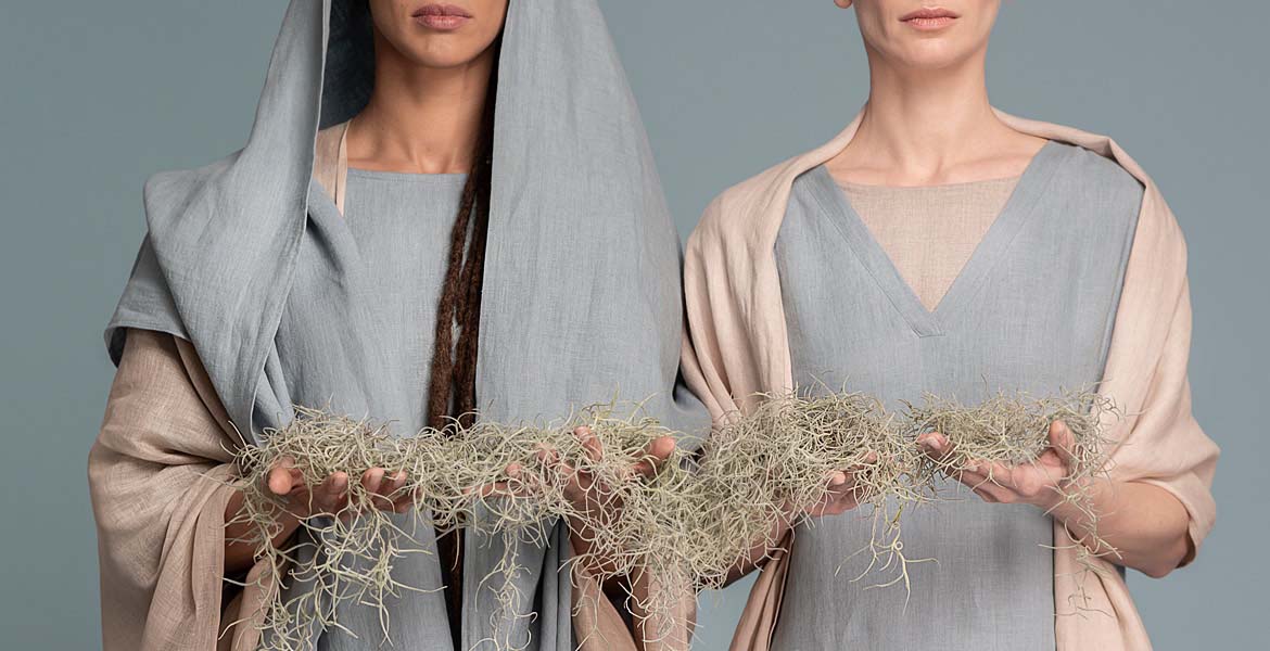 Shantima Linen Clothing | Two female models wearing grey & natural colored Shantima linen (flax) clothes