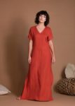 Red V-cut neckline Natural Flax Dress With Short Sleeves And Thin Belt