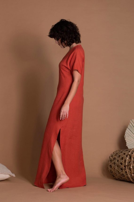 Red Short Sleeve Maxi Linen Dress With Thin Belt
