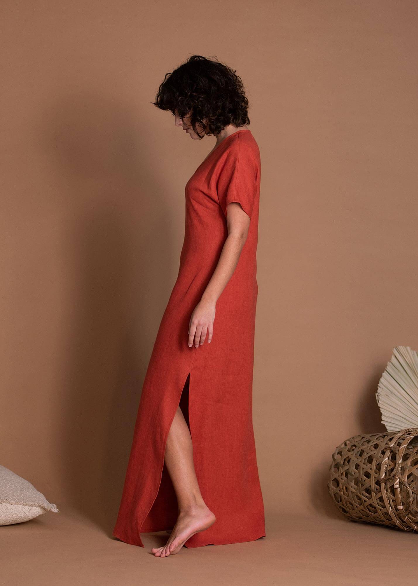 Red Short Sleeve Maxi Linen Dress With Thin Belt
