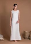 White Sleeveless Slim Fit Long Flax Dress With Belt And Side Slit