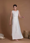 White Sleeveless Slim Fit Linen Maxi Dress With Belt And Side Slit