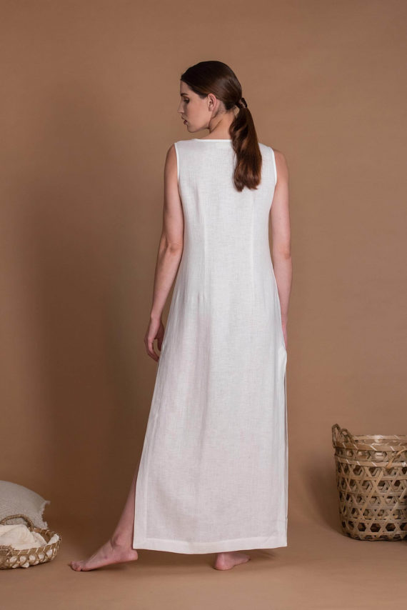 White Sleeveless Slim Fit Flax Maxi Dress With Belt And Side Slit