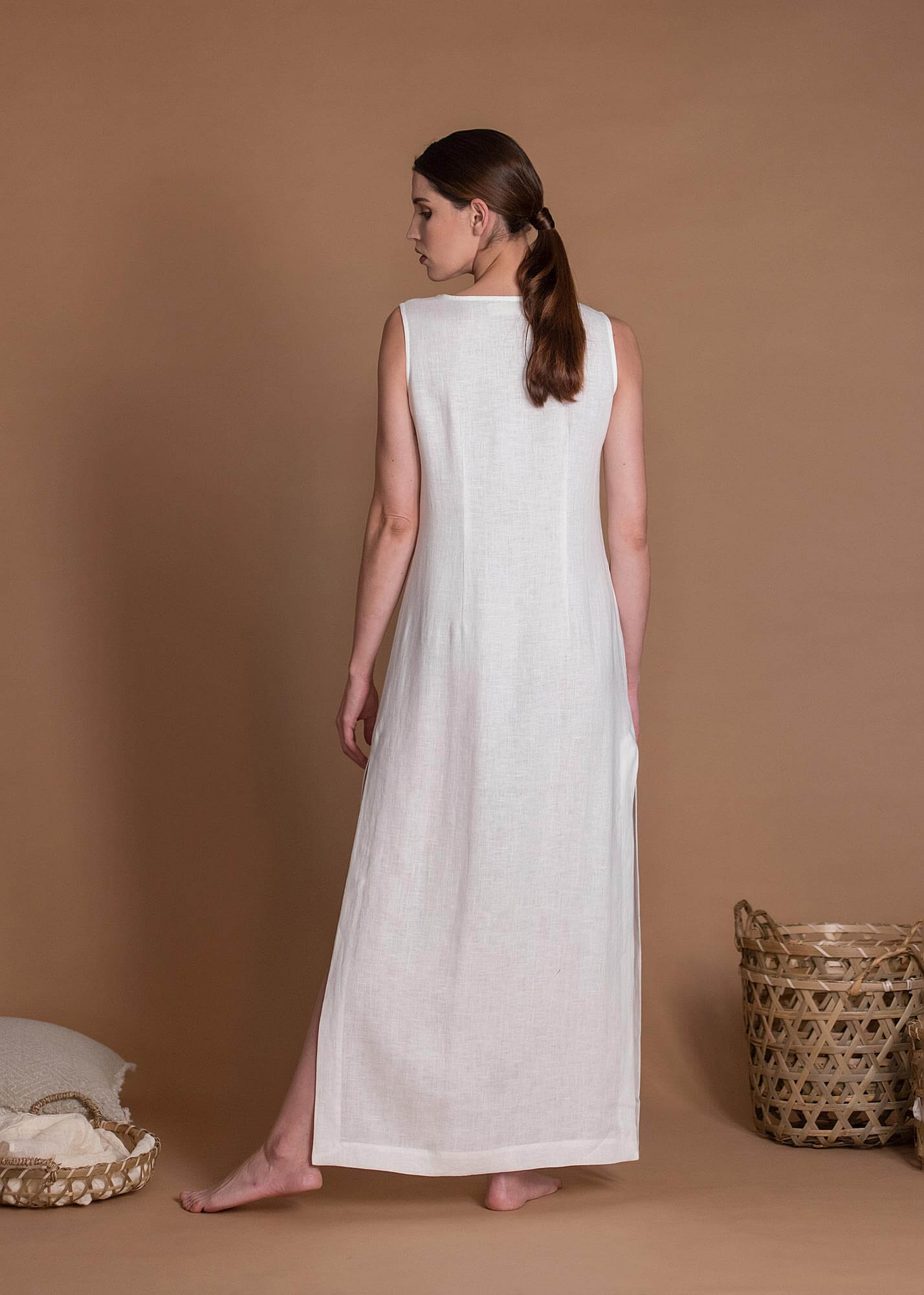 White Sleeveless Slim Fit Flax Maxi Dress With Belt And Side Slit