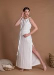 White Sleeveless Slim Fit Linen Dress With Belt And Side Slits