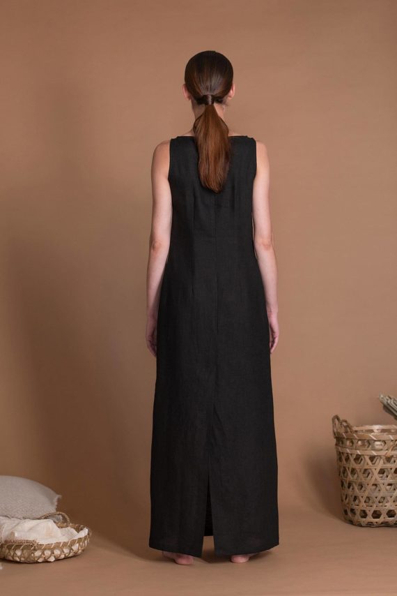 Long Slim Fit Linen Sundress With Back Slit And Boat Neckline