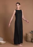 Long Sleeveless Black Natural Flax Dress With Boat Neckline