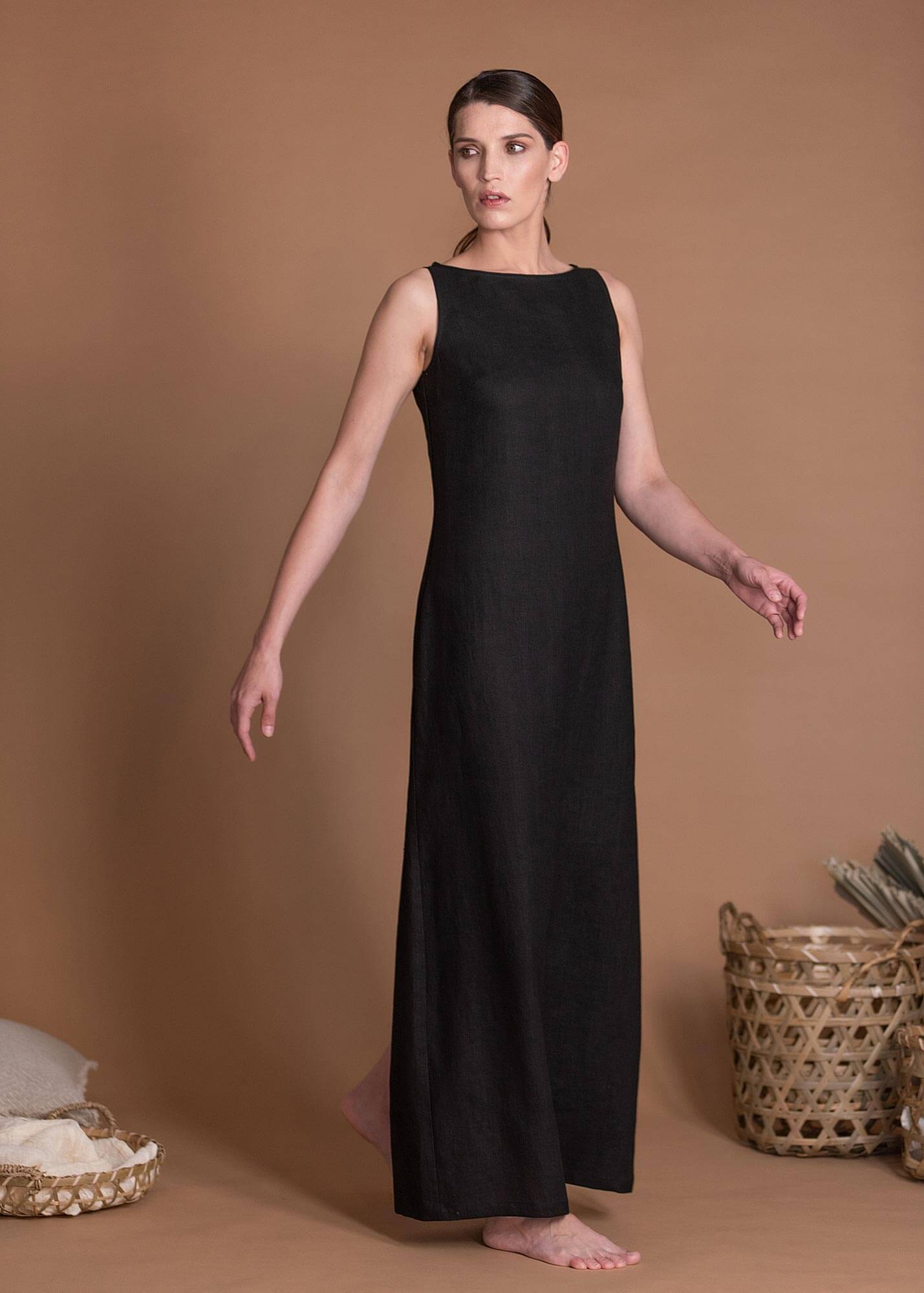 Long Sleeveless Black Natural Flax Dress With Boat Neckline