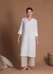 White Slim Fit One Piece Linen Tunic Top With Sleeves And High Side Slits