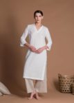 White Slim Fit One Piece Flax Tunic With High Side Slits