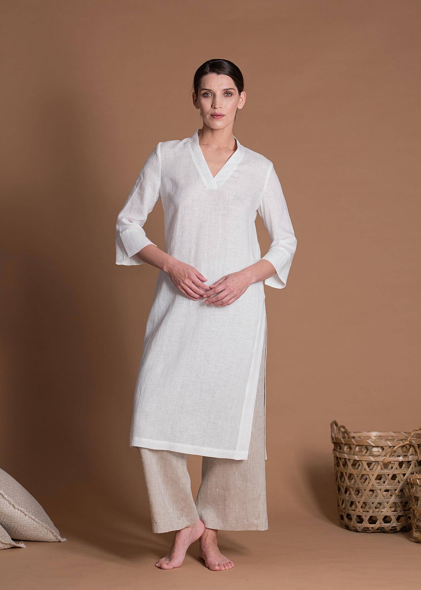 White Slim Fit One Piece Flax Tunic With High Side Slits