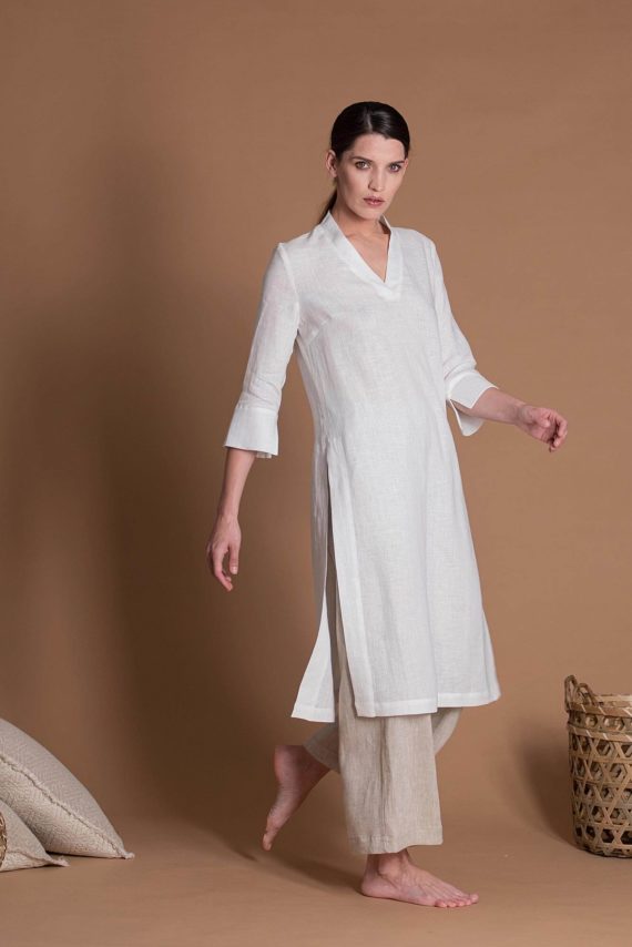 D042_White_One_Piece_Wrap_Linen_Tunic_With_Sleeves