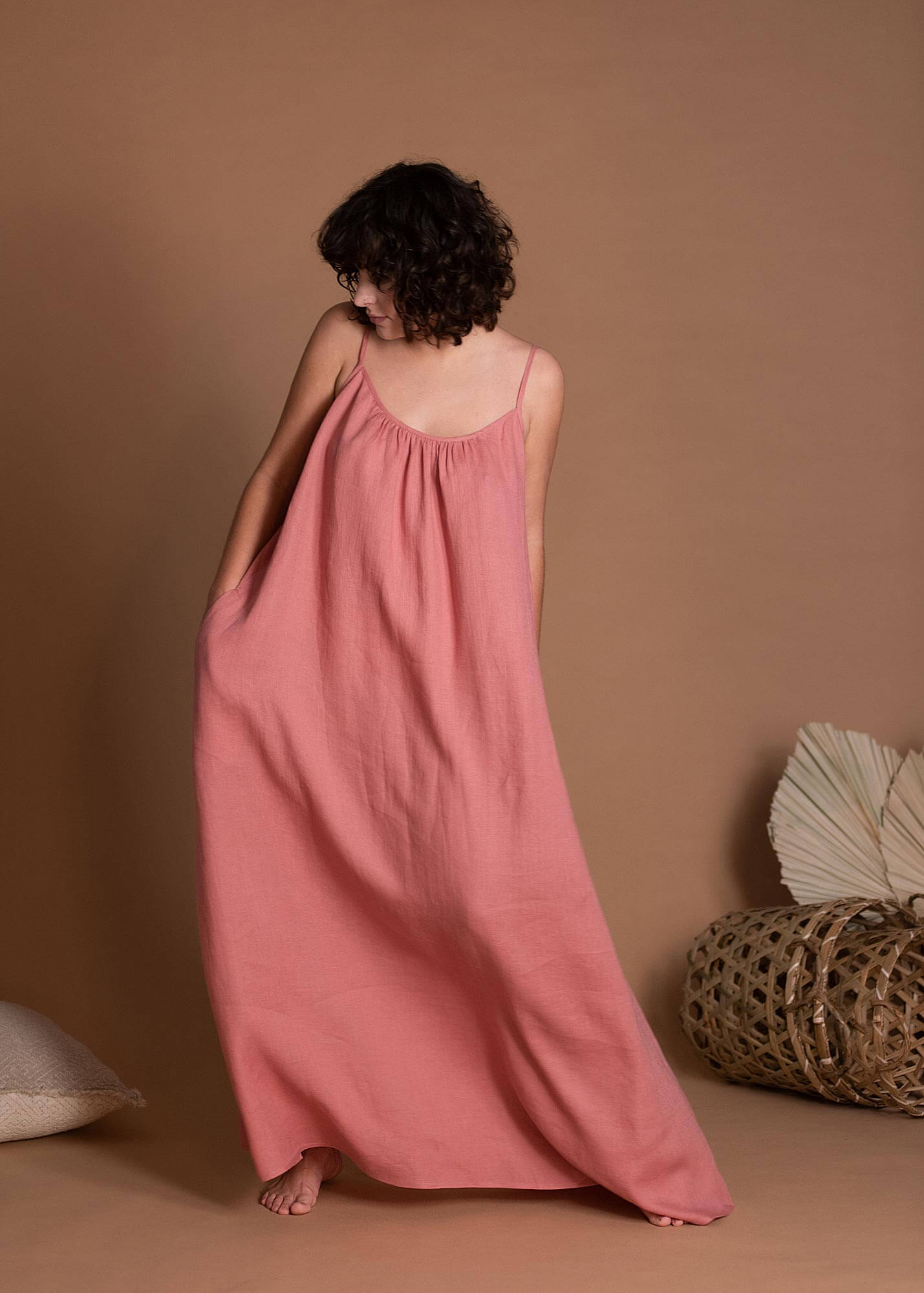 Sleeveless Linen Maxi Dress With Long Spaghetti Straps And Open Back