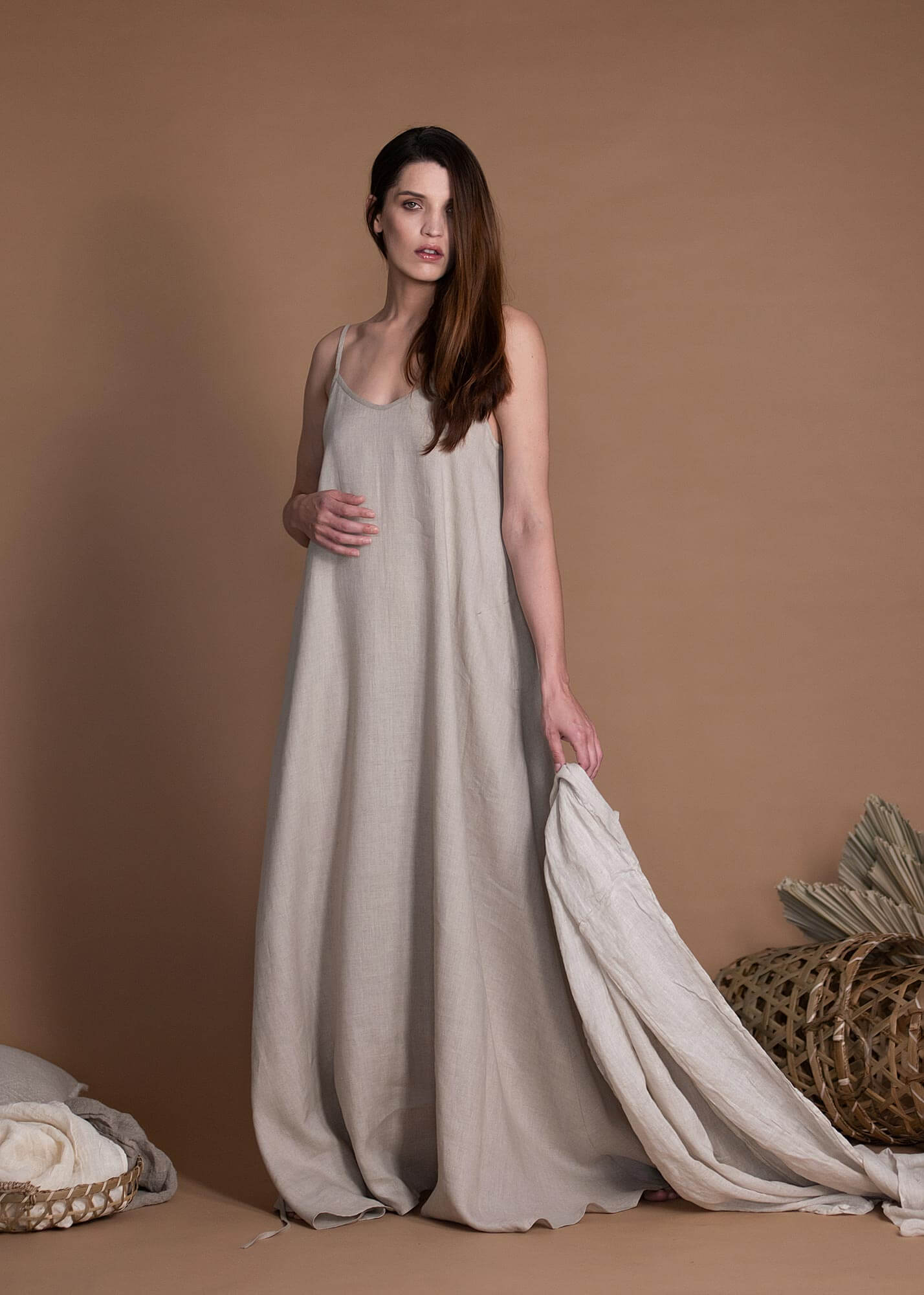 Open Back A-Line Silhouette Natural Flax Maxi Dress