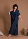 Straight Cut Lightweight V-neck Linen Dress With Sleeves And Pockets