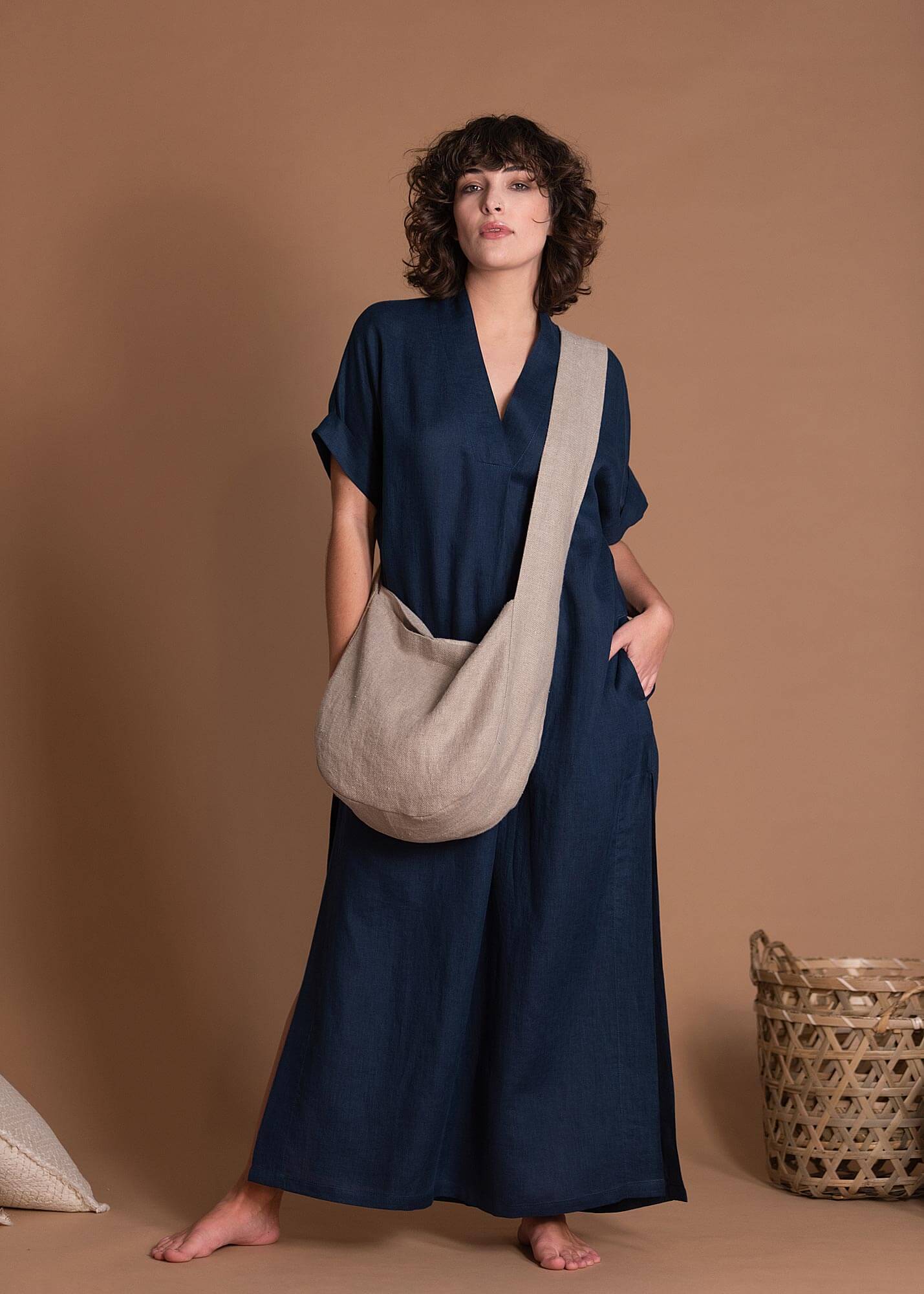 Straight Cut Lightweight V-neck Long Linen Dress With Sleeves And Pockets