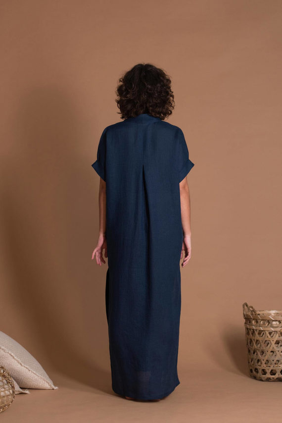 Straight Cut Lightweight V-neck Linen Maxi Dress With Sleeves And Pockets