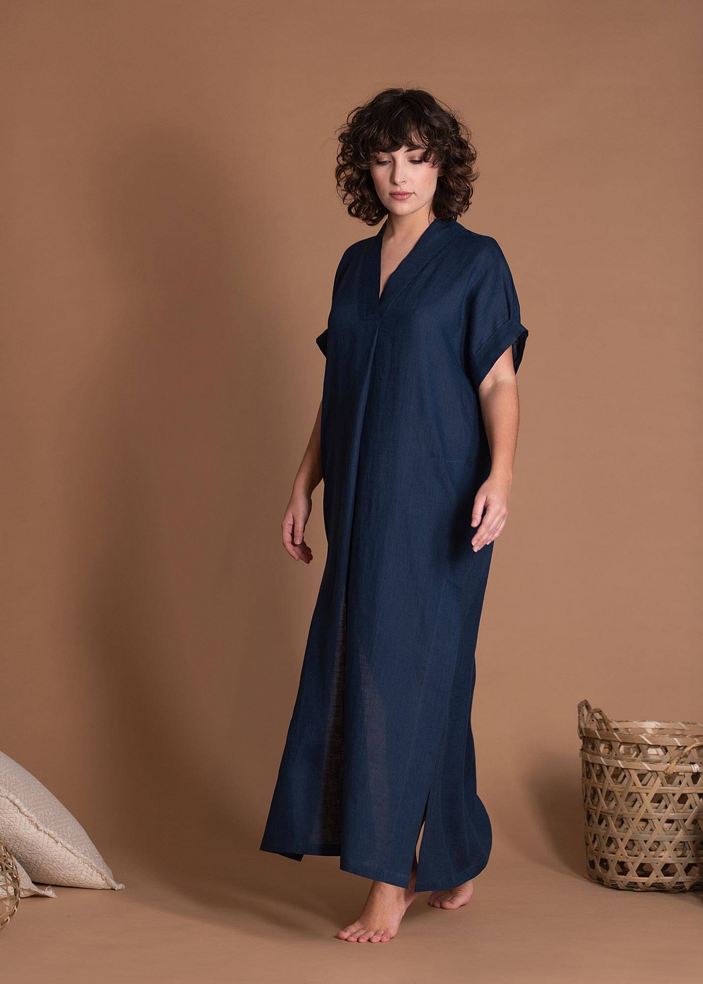 Straight Cut Lightweight V-neck Flax Maxi Dress With Sleeves And Pockets