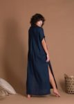Straight Cut Lightweight V-neck Flax Dress With Sleeves And Pockets