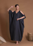 Charcoal Gray Oversized Flax Dress With Deep-V Neckline