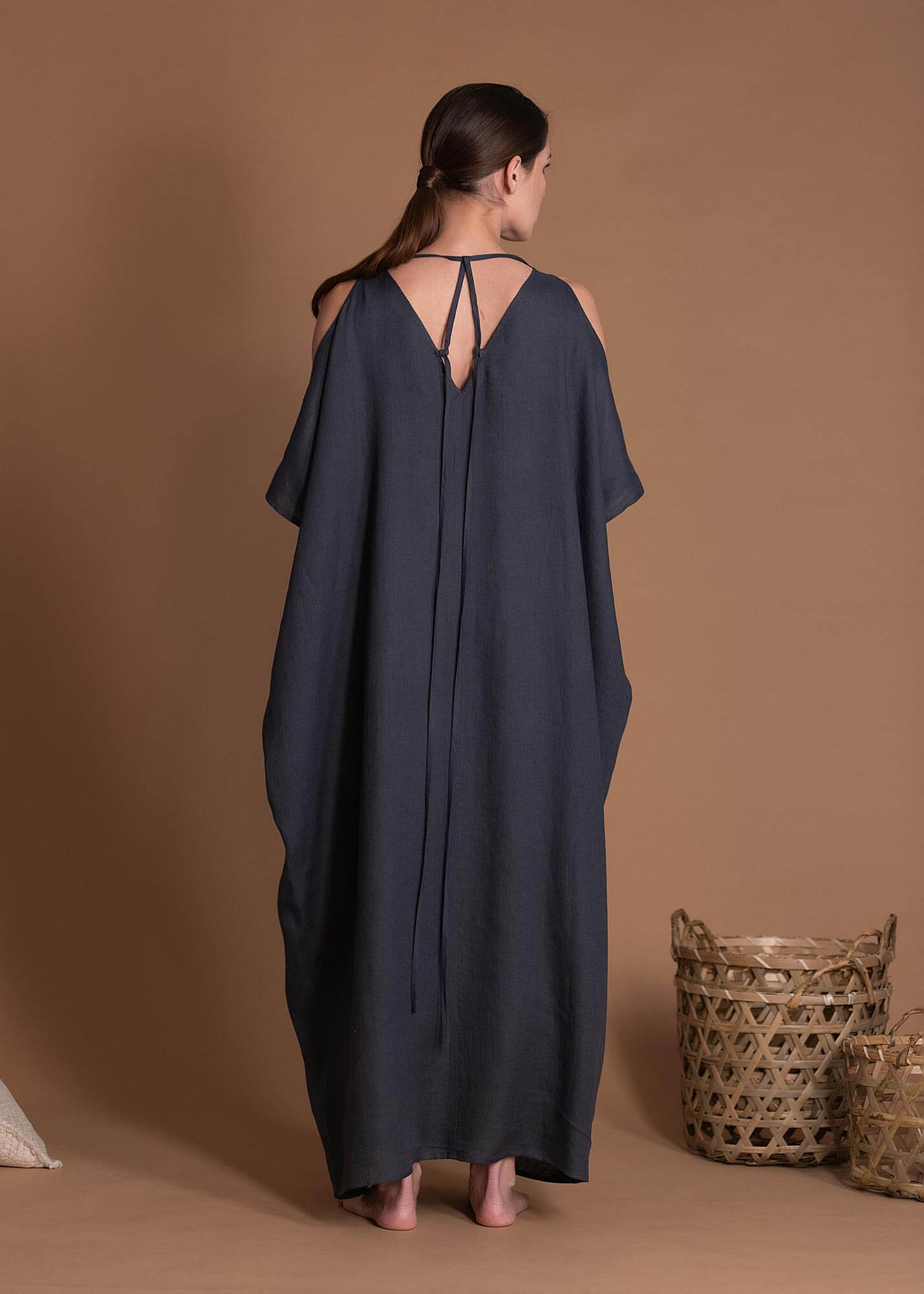 Charcoal Gray Oversized Linen Dress With Deep-V Neckline
