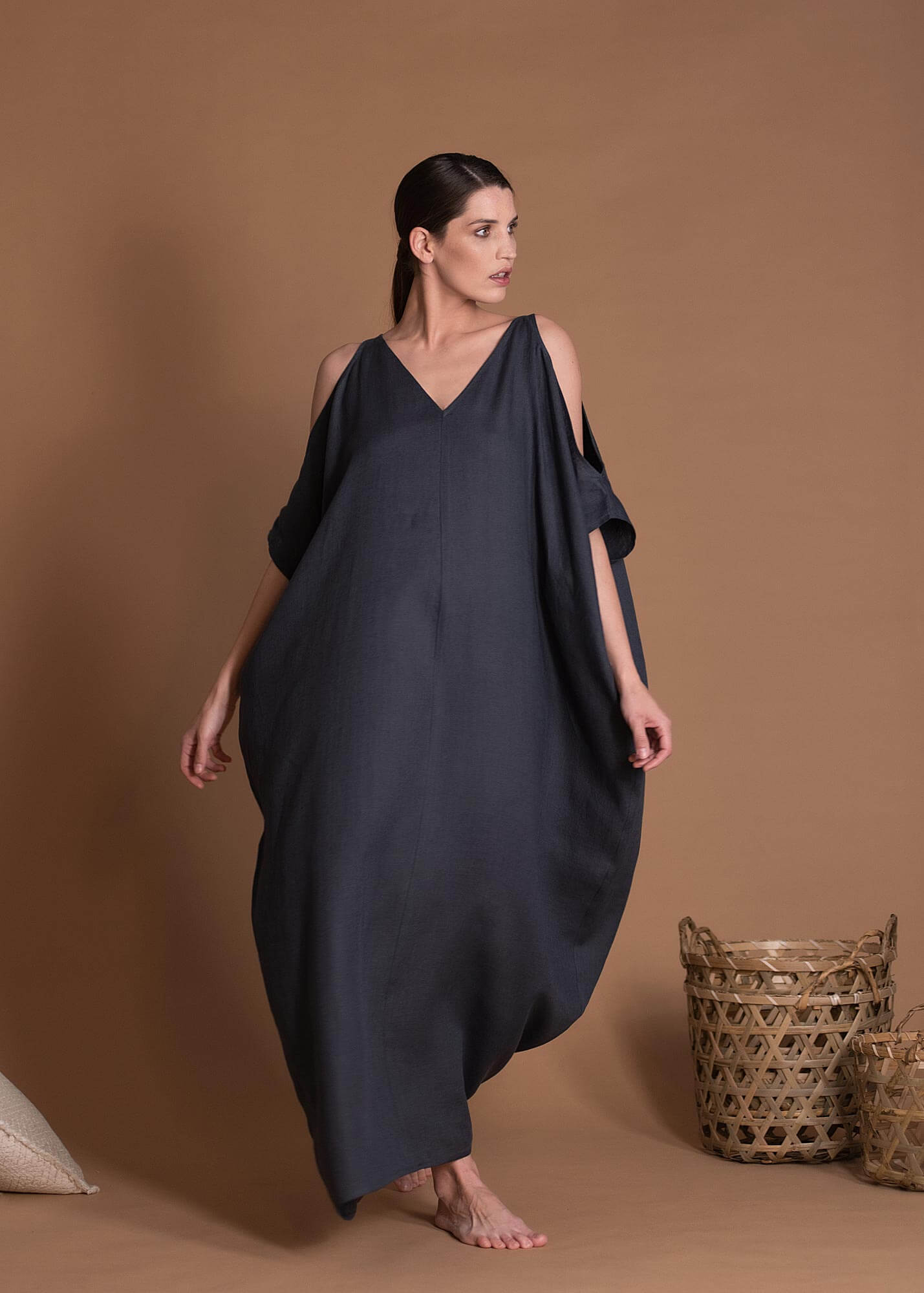 Straight Cut Oversized Kaftan Linen Dress Without Pockets