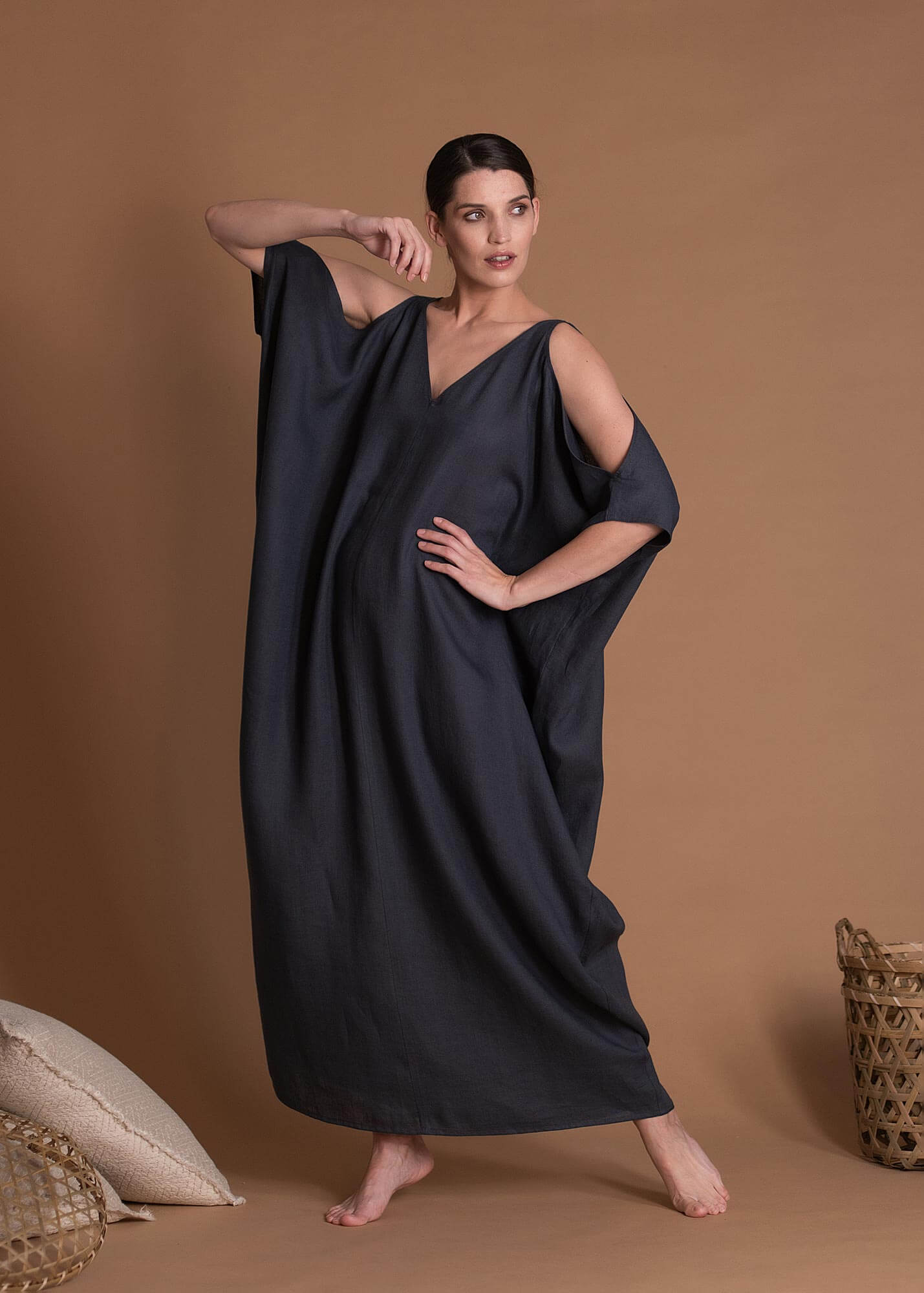 Oversized Straight Cut Kaftan Linen Dress Without Pockets