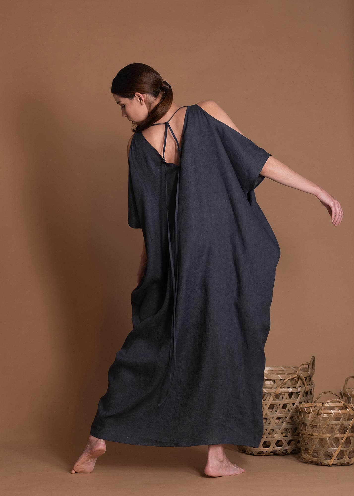 Oversized Straight Cut Kaftan Flax Dress Without Pockets