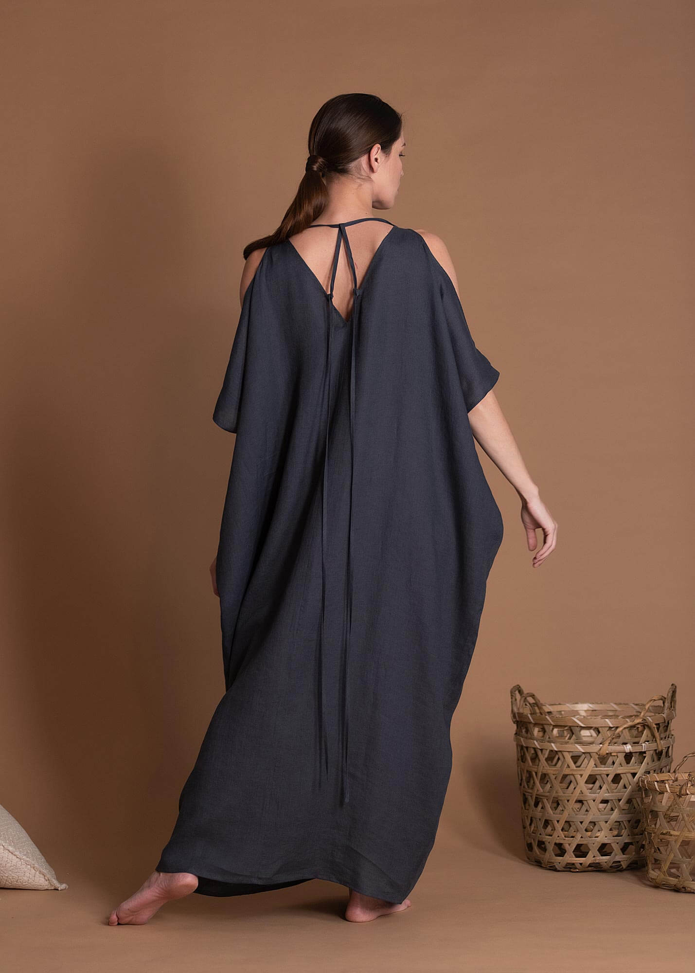Straight Cut Oversized Kaftan Flax Dress Without Pockets