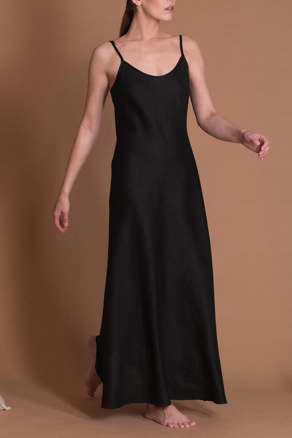 Sleeveless Lightweight Black Long Linen Dress In Bias Cut