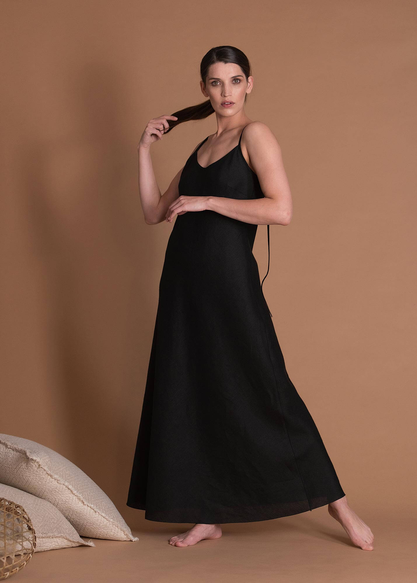 Long Slip Sleeveless Lightweight Linen Dress In Bias Cut