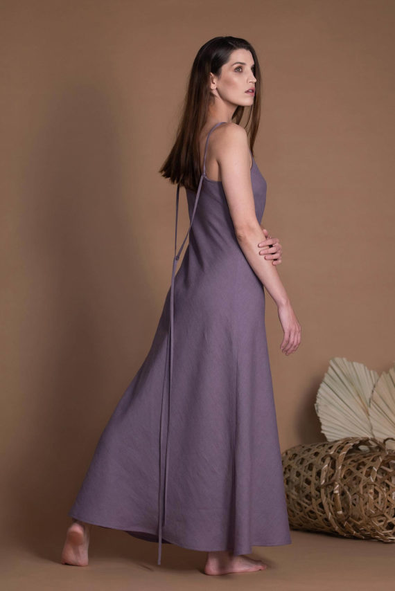 Long Slip Linen Dress With Spaghetti Straps