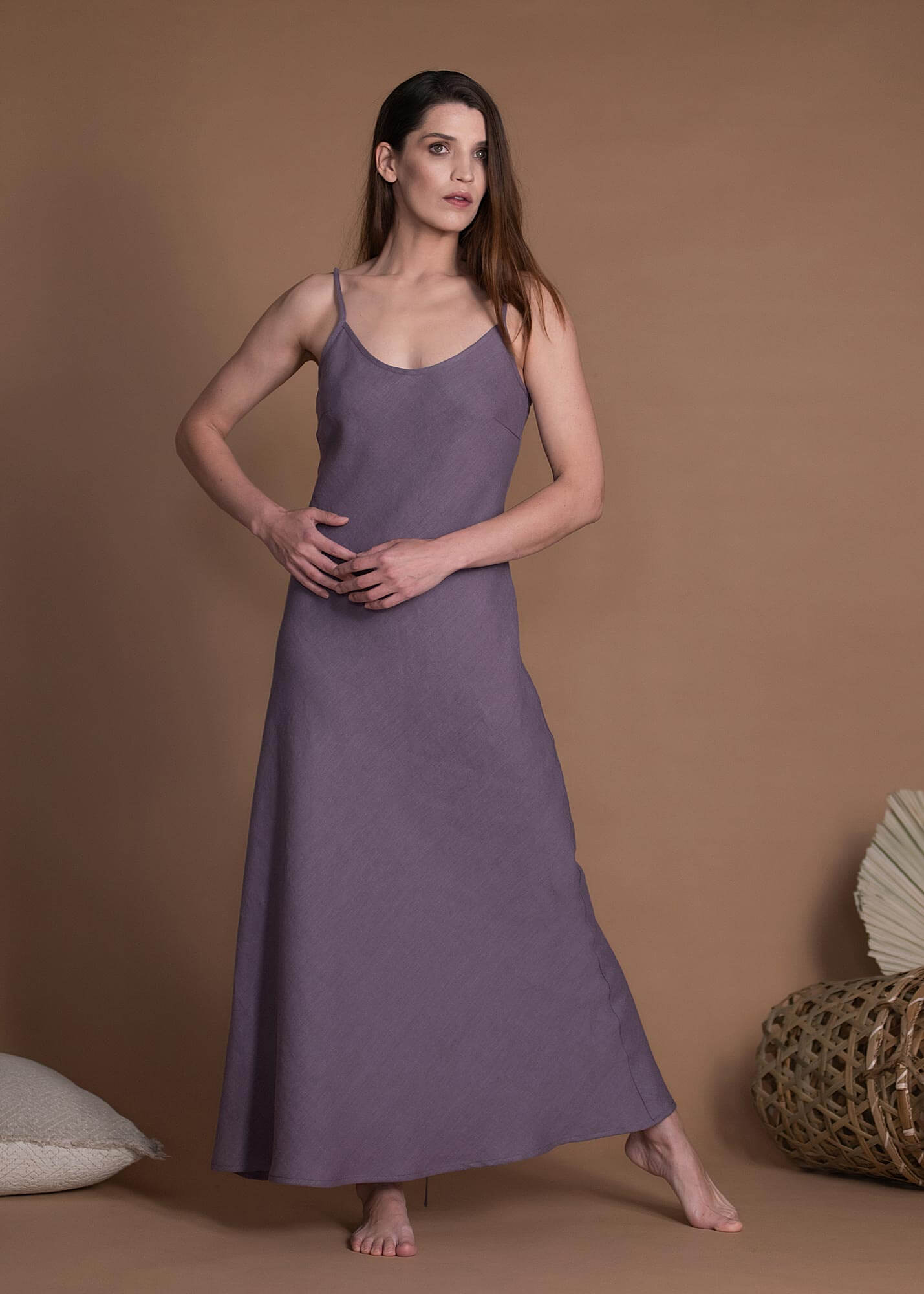 Slip Linen Maxi Dress In Bias Cut With A-Line Silhouette Without Pockets