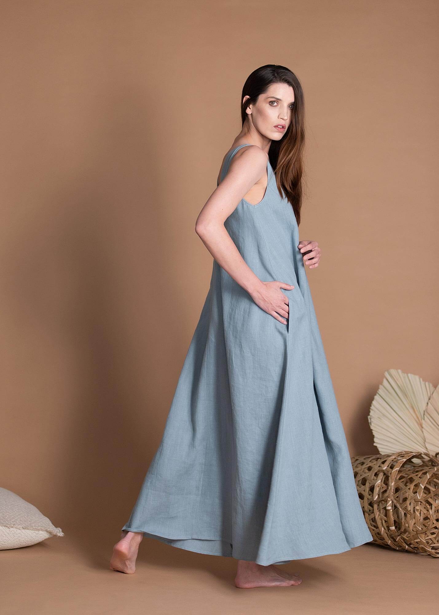 V-Neck Sleeveless Long Linen Dress With Side Pockets