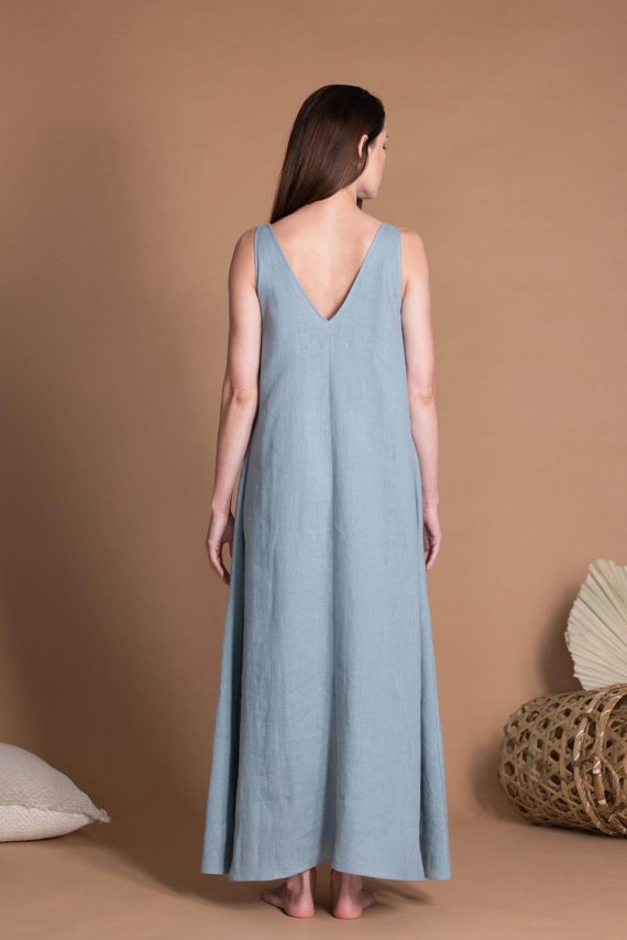 V-Neck Sleeveless Long Flax Dress With Side Pockets