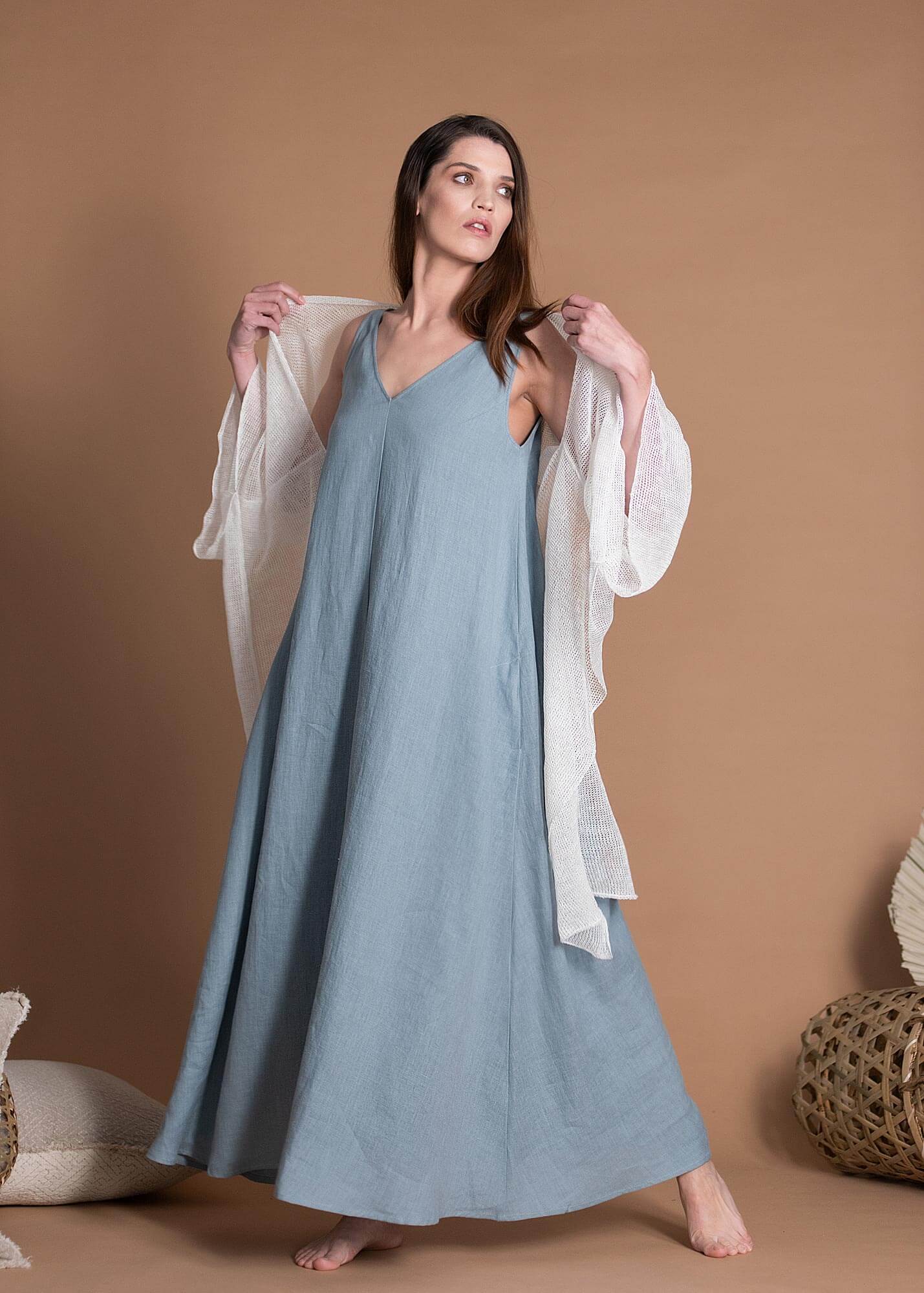 Handmade Long V-Neck Sleeveless Linen Dress With Side Pockets