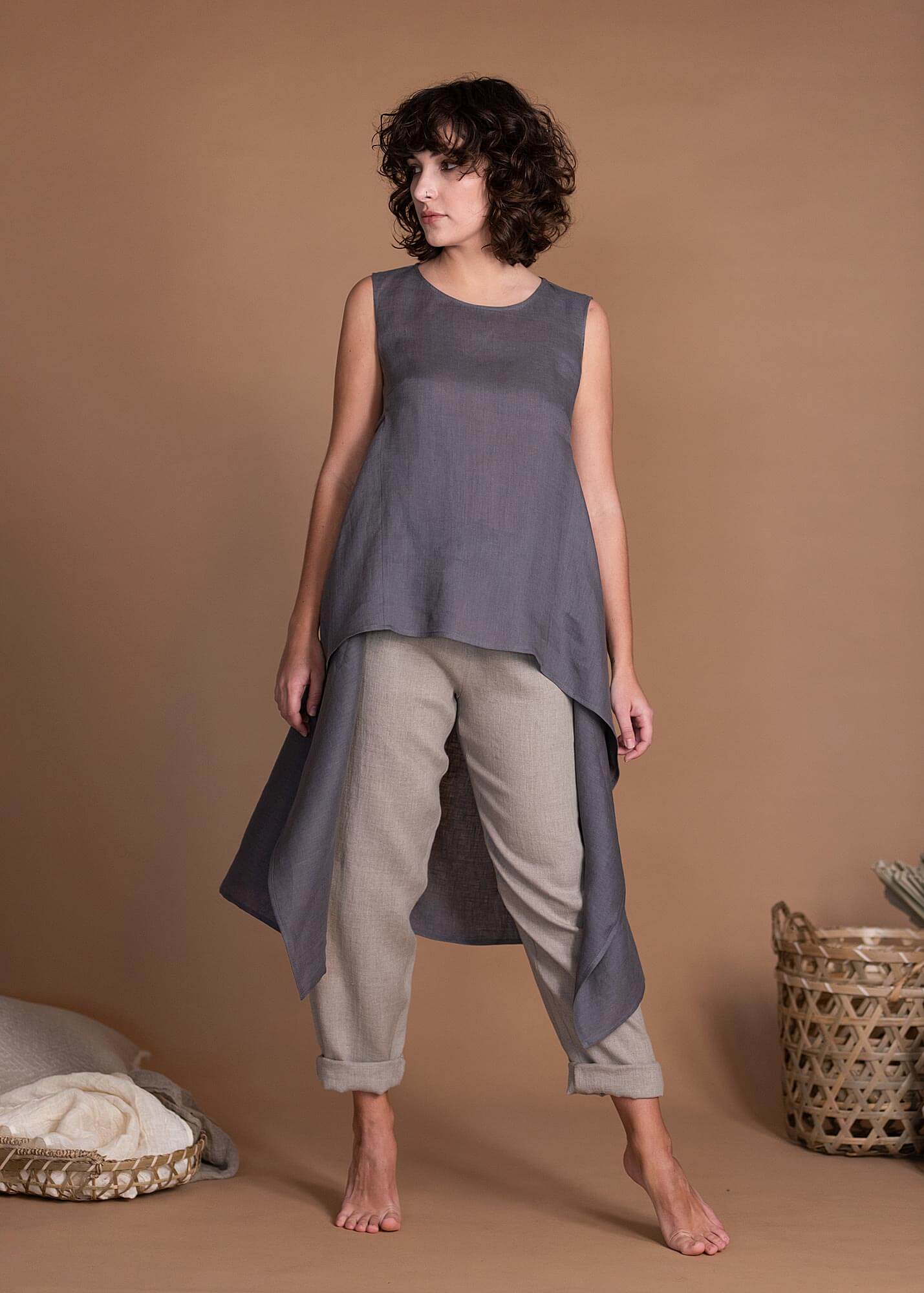 Women's Summer High Low Hem Asymmetric Linen Top Tunic