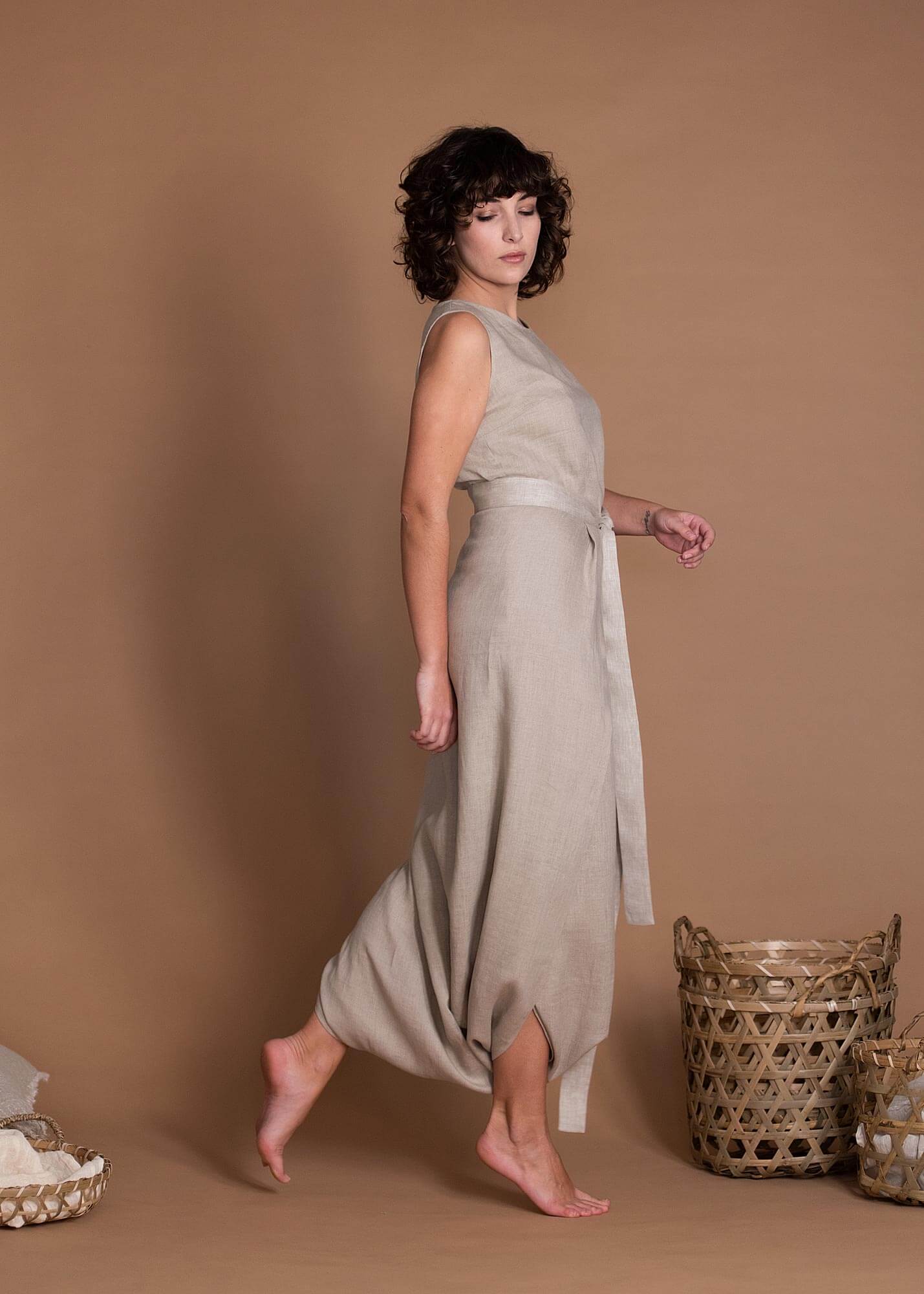 Loose Natural Flax Jumpsuit With Side Deep Pockets