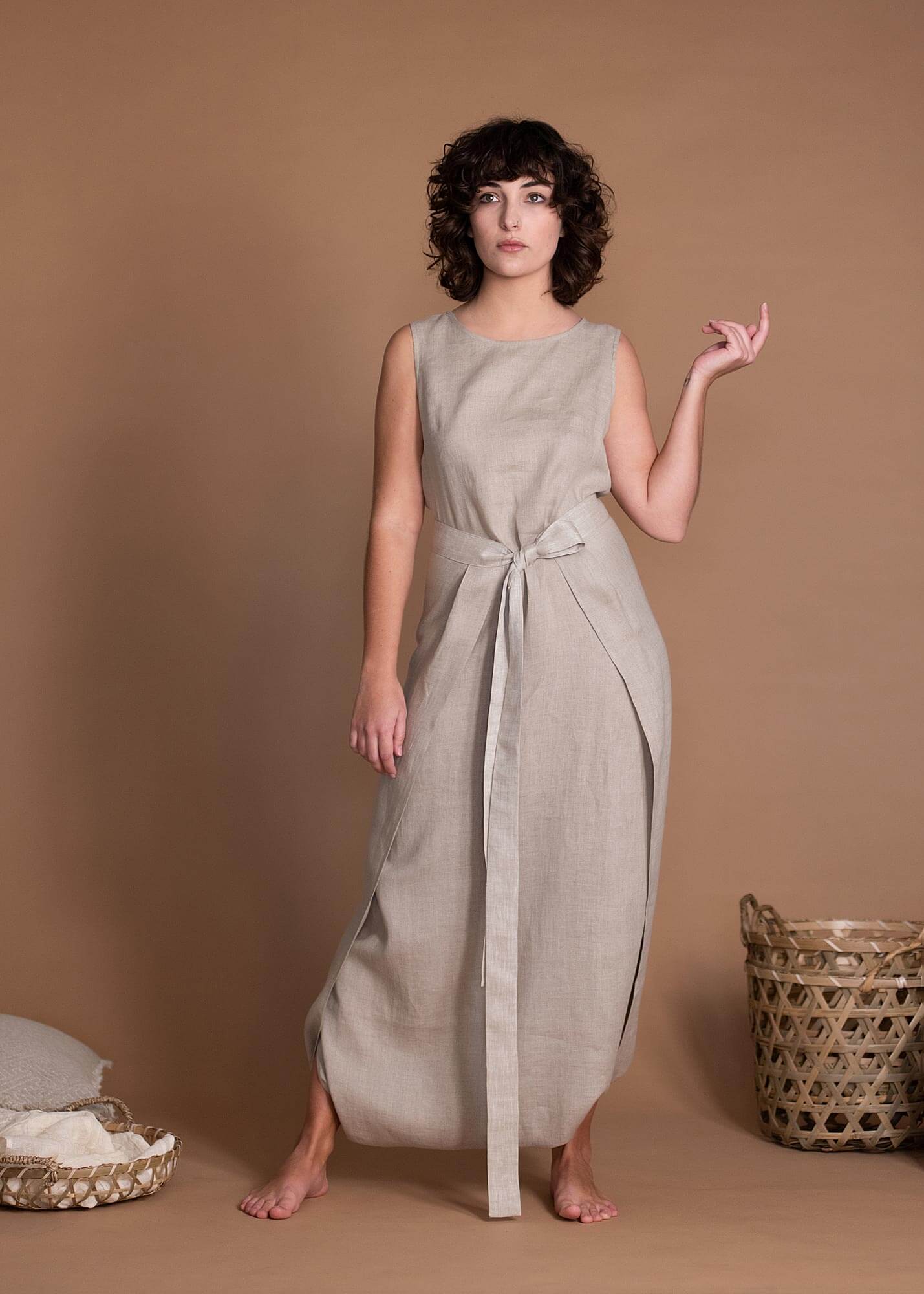 Loose Fit One Piece Wrap Linen Jumpsuit Without Sleeves