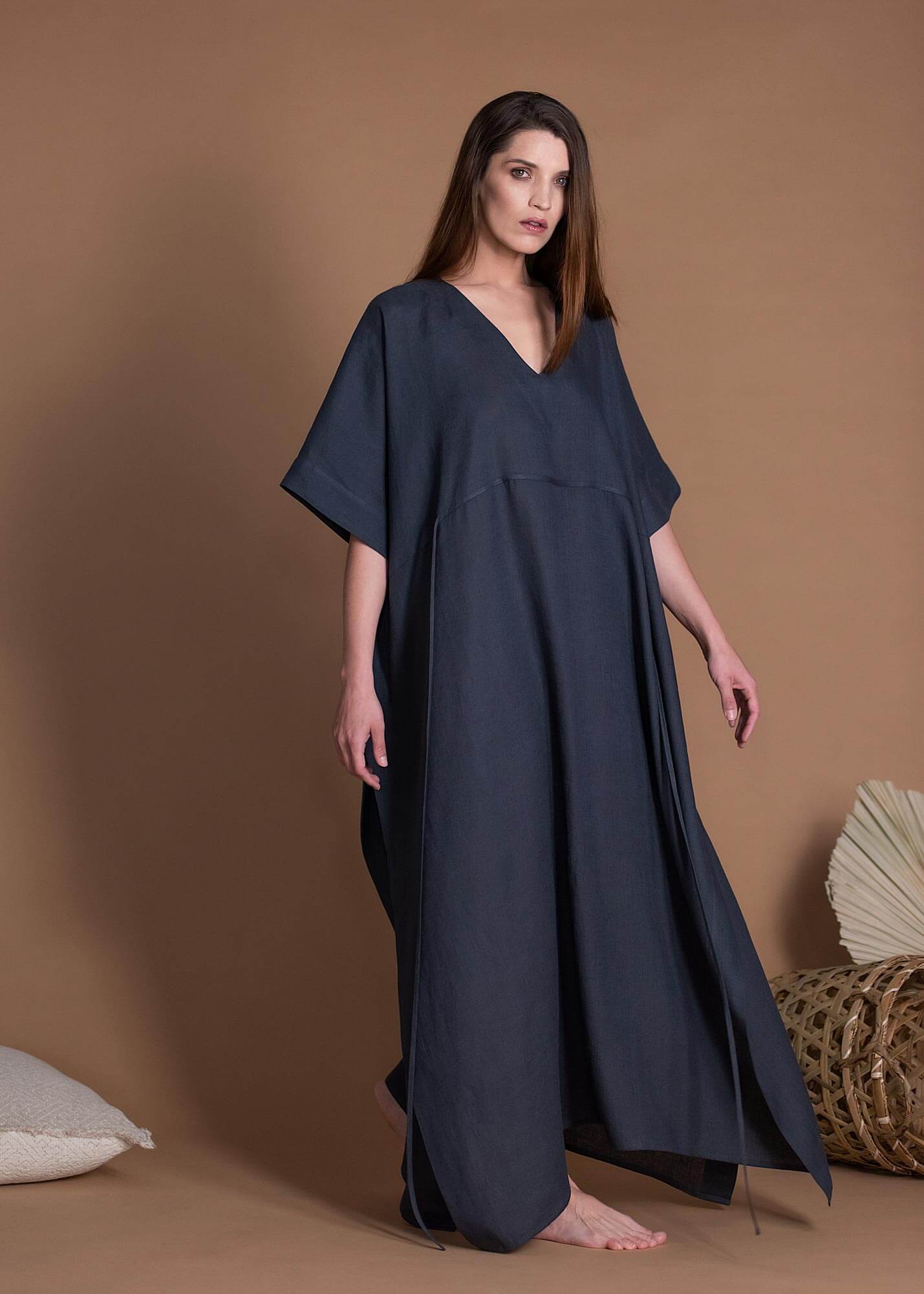 Charcoal Gray Loose Straight Cut Flax Dress With Half Sleeves
