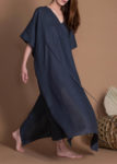 Charcoal Gray Straight Cut Loose Linen Kaftan Dress With Side Slits