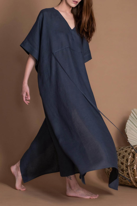 Charcoal Gray Straight Cut Loose Linen Kaftan Dress With Side Slits